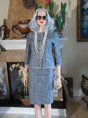 New Tory Burch Blue Gray Metallic Tweed Skirt Suit Size 2
